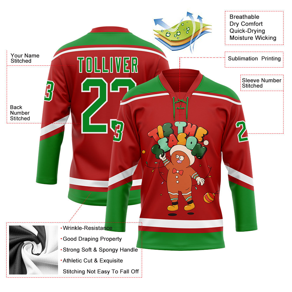 Custom Red Grass Green-White Funny Christmas 3D Hockey Lace Neck Jersey - Sky-Custom