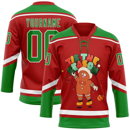 Custom Red Grass Green-White Funny Christmas 3D Hockey Lace Neck Jersey - Sky-Custom