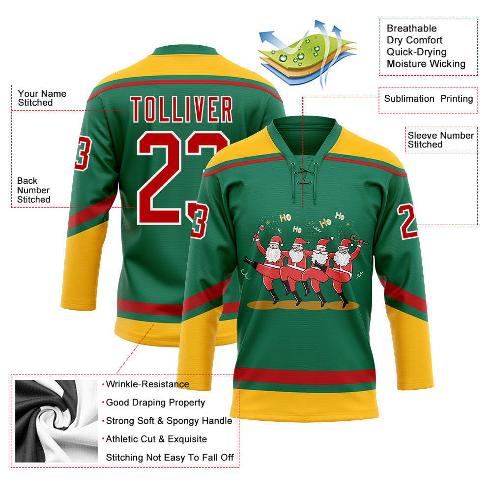 Custom Kelly Green Red-Gold Funny Christmas 3D Hockey Lace Neck Jersey - Sky-Custom