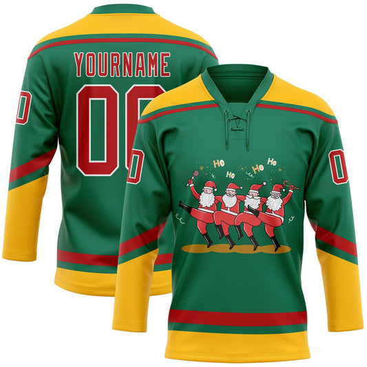 Custom Kelly Green Red-Gold Funny Christmas 3D Hockey Lace Neck Jersey - Sky-Custom