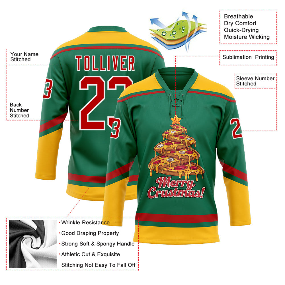Custom Kelly Green Red-Gold Funny Christmas 3D Hockey Lace Neck Jersey - Sky-Custom