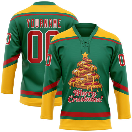 Custom Kelly Green Red-Gold Funny Christmas 3D Hockey Lace Neck Jersey - Sky-Custom