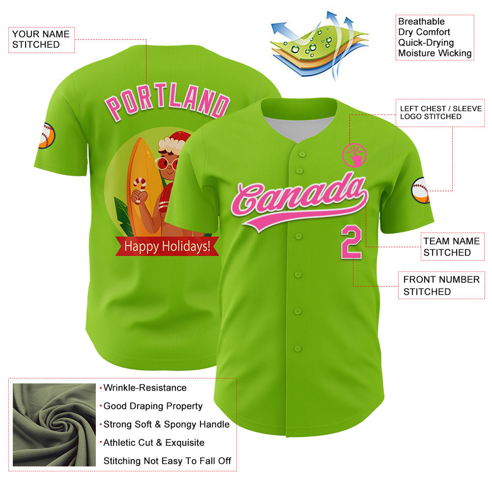 Custom Neon Green Pink-White 3D Funny Christmas Authentic Baseball Jersey - Sky-Custom
