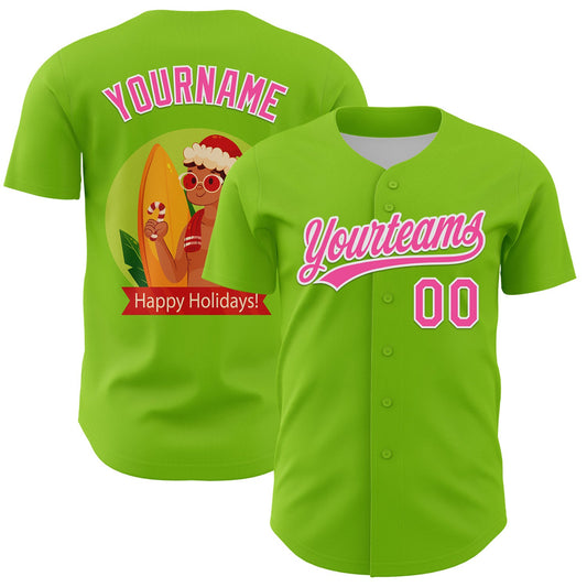 Custom Neon Green Pink-White 3D Funny Christmas Authentic Baseball Jersey - Sky-Custom