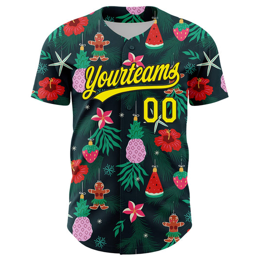 Custom Green Light Yellow-Black 3D Funny Christmas Authentic Baseball Jersey - Sky-Custom