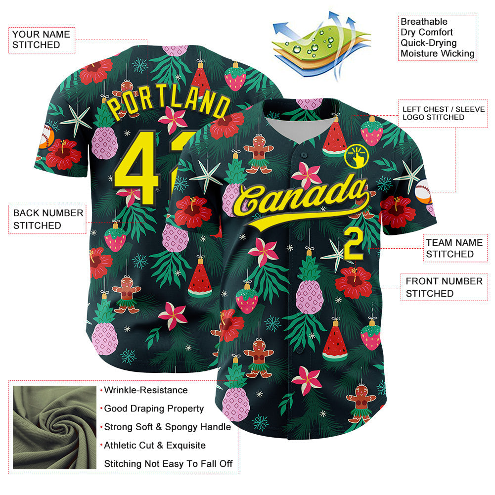Custom Green Light Yellow-Black 3D Funny Christmas Authentic Baseball Jersey - Sky-Custom