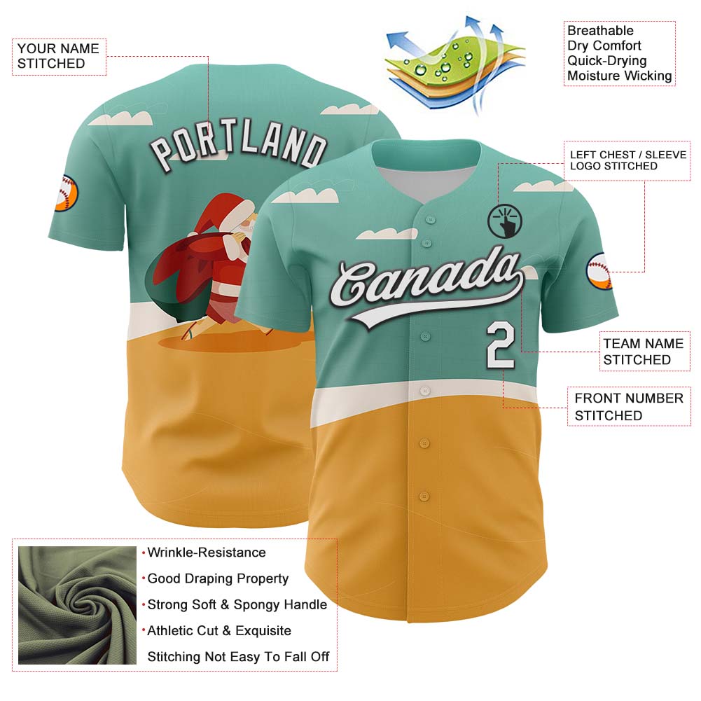Custom Teal Black-Old Gold 3D Funny Christmas Authentic Baseball Jersey - Sky-Custom
