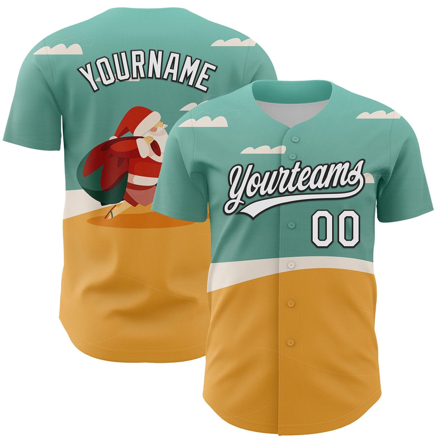 Custom Teal Black-Old Gold 3D Funny Christmas Authentic Baseball Jersey - Sky-Custom