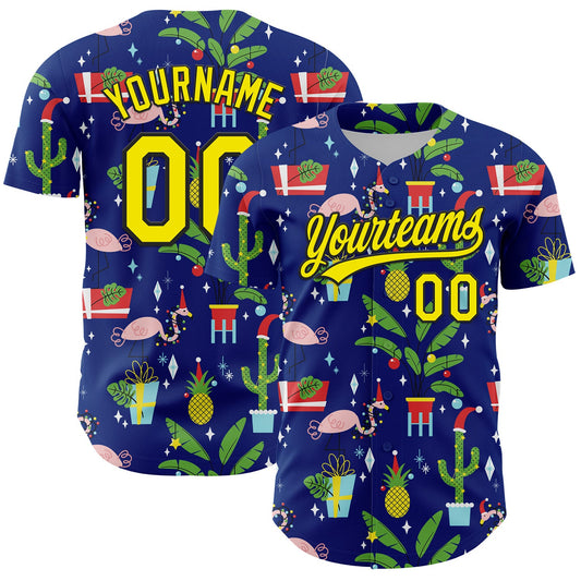 Custom Royal Light Yellow-Black 3D Funny Christmas Authentic Baseball Jersey - Sky-Custom
