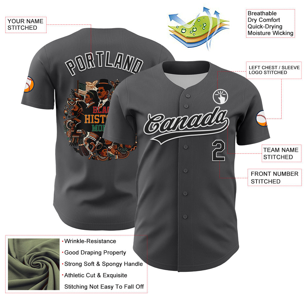 Custom Steel Gray Black-White 3D Pattern Design Black History Month Authentic Baseball Jersey - Sky-Custom
