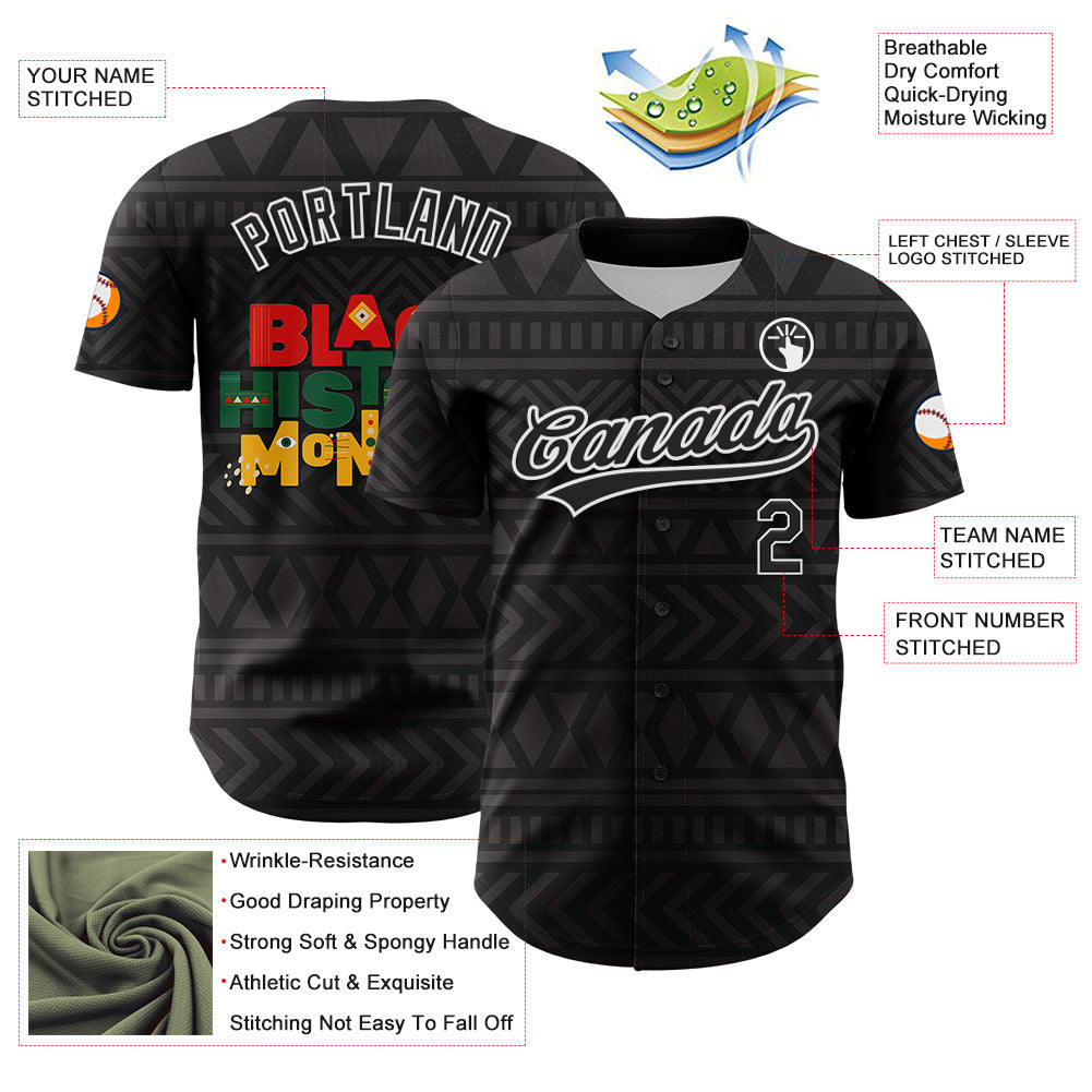 Custom Black White 3D Pattern Design Black History Month Authentic Baseball Jersey - Sky-Custom