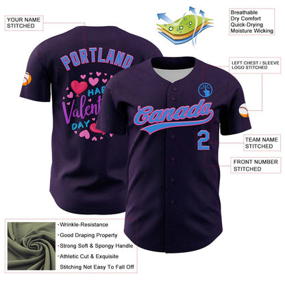 Custom Purple Electric Blue-Pink 3D Love Heart Valentine's Day Authentic Baseball Jersey - Sky-Custom