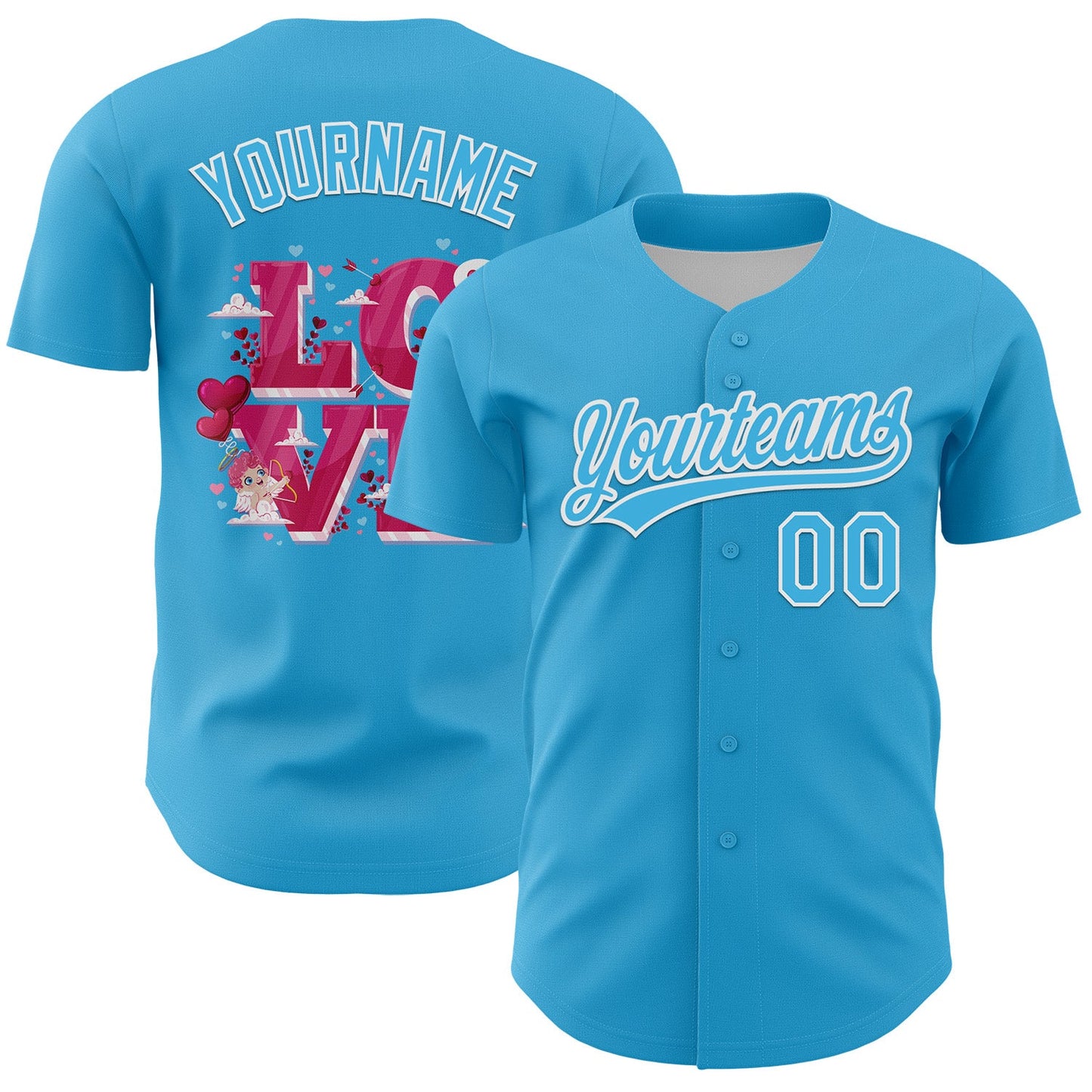 Custom Sky Blue White 3D Love Heart Valentine's Day Authentic Baseball Jersey - Sky-Custom