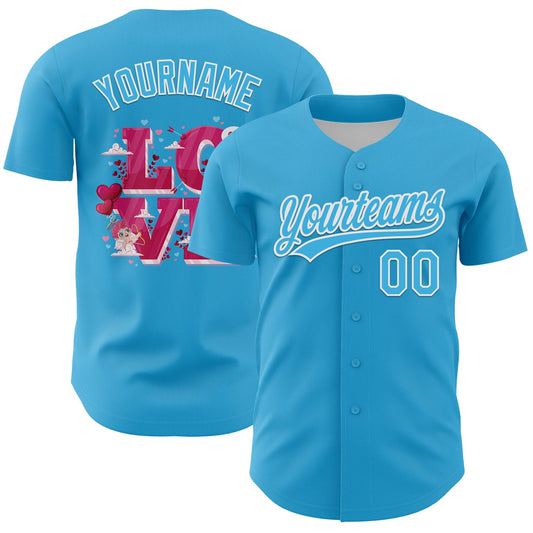 Custom Sky Blue White 3D Love Heart Valentine's Day Authentic Baseball Jersey - Sky-Custom