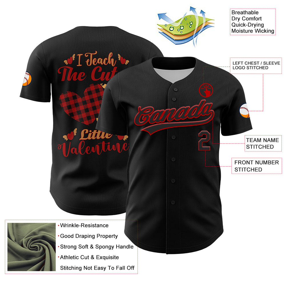 Custom Black Red 3D Love Heart Valentine's Day Authentic Baseball Jersey - Sky-Custom