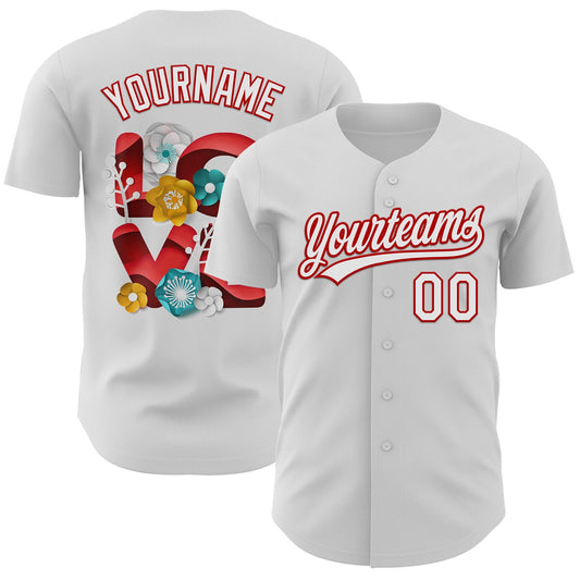 Custom White Red 3D Love Heart Valentine's Day Authentic Baseball Jersey - Sky-Custom