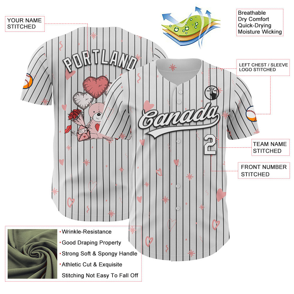 Custom White Black Pinstripe Black 3D Love Heart Valentine's Day Authentic Baseball Jersey - Sky-Custom
