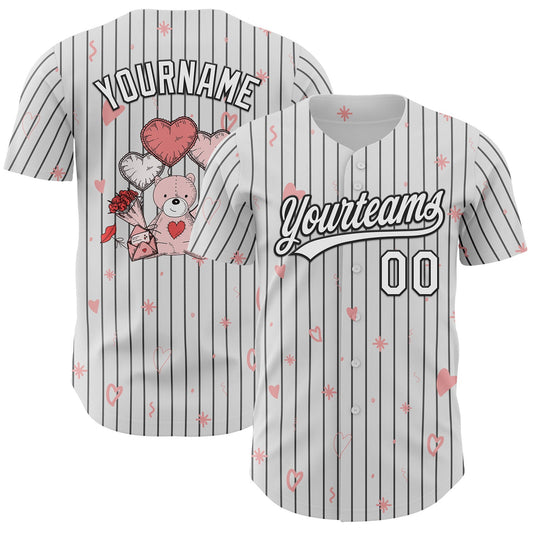 Custom White Black Pinstripe Black 3D Love Heart Valentine's Day Authentic Baseball Jersey - Sky-Custom