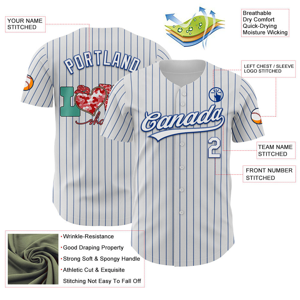 Custom White Royal Pinstripe Royal 3D Love Heart Valentine's Day Authentic Baseball Jersey - Sky-Custom