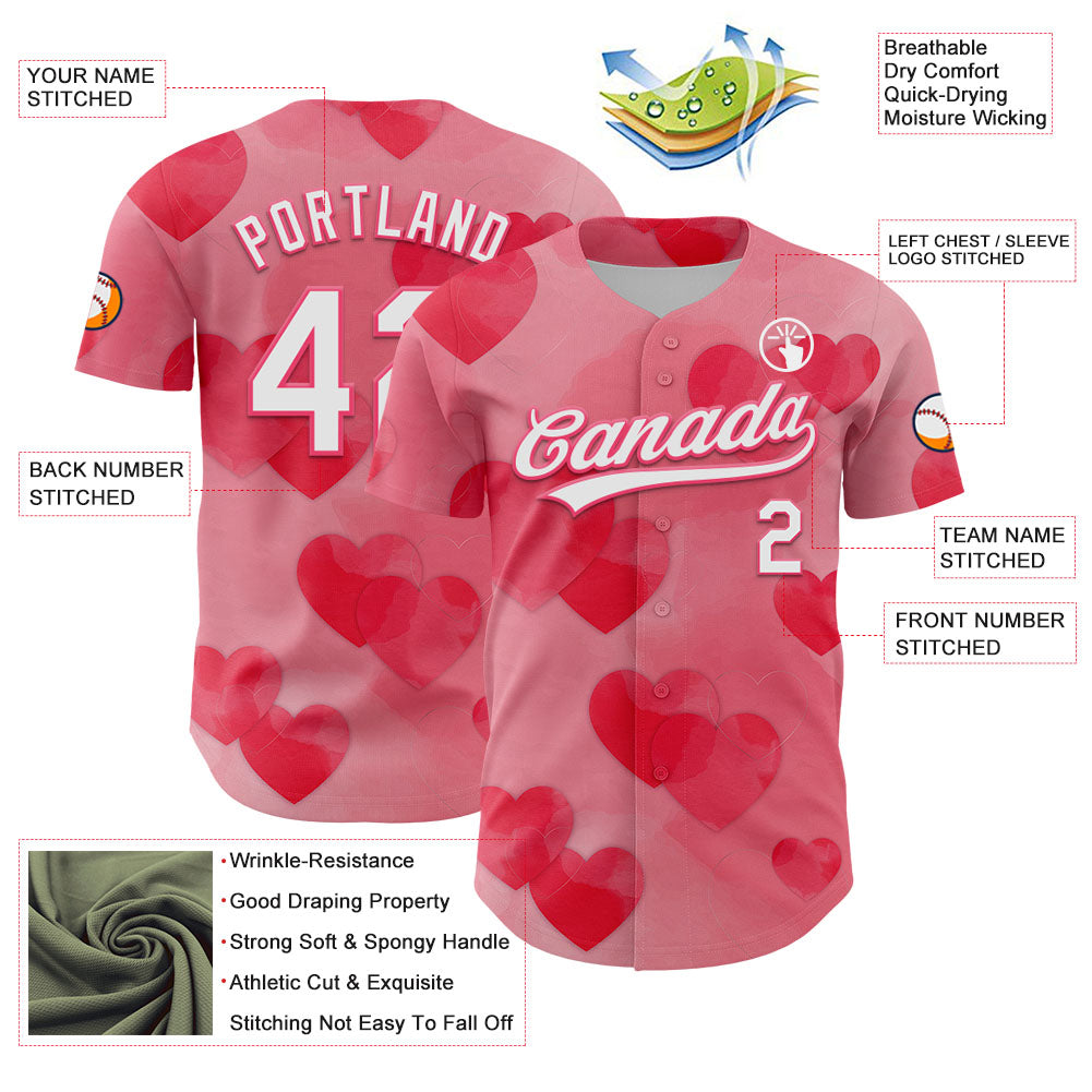 Custom Neon Pink White 3D Love Heart Valentine's Day Authentic Baseball Jersey - Sky-Custom