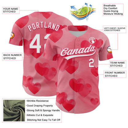Custom Neon Pink White 3D Love Heart Valentine's Day Authentic Baseball Jersey - Sky-Custom