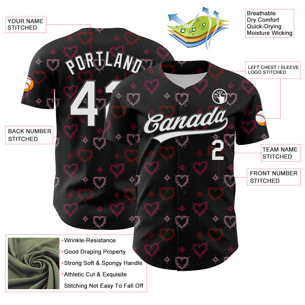 Custom Black White 3D Love Heart Valentine's Day Authentic Baseball Jersey - Sky-Custom