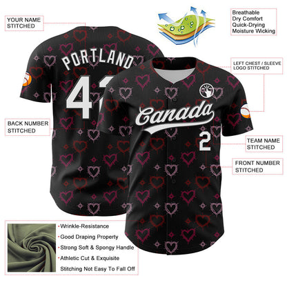 Custom Black White 3D Love Heart Valentine's Day Authentic Baseball Jersey - Sky-Custom