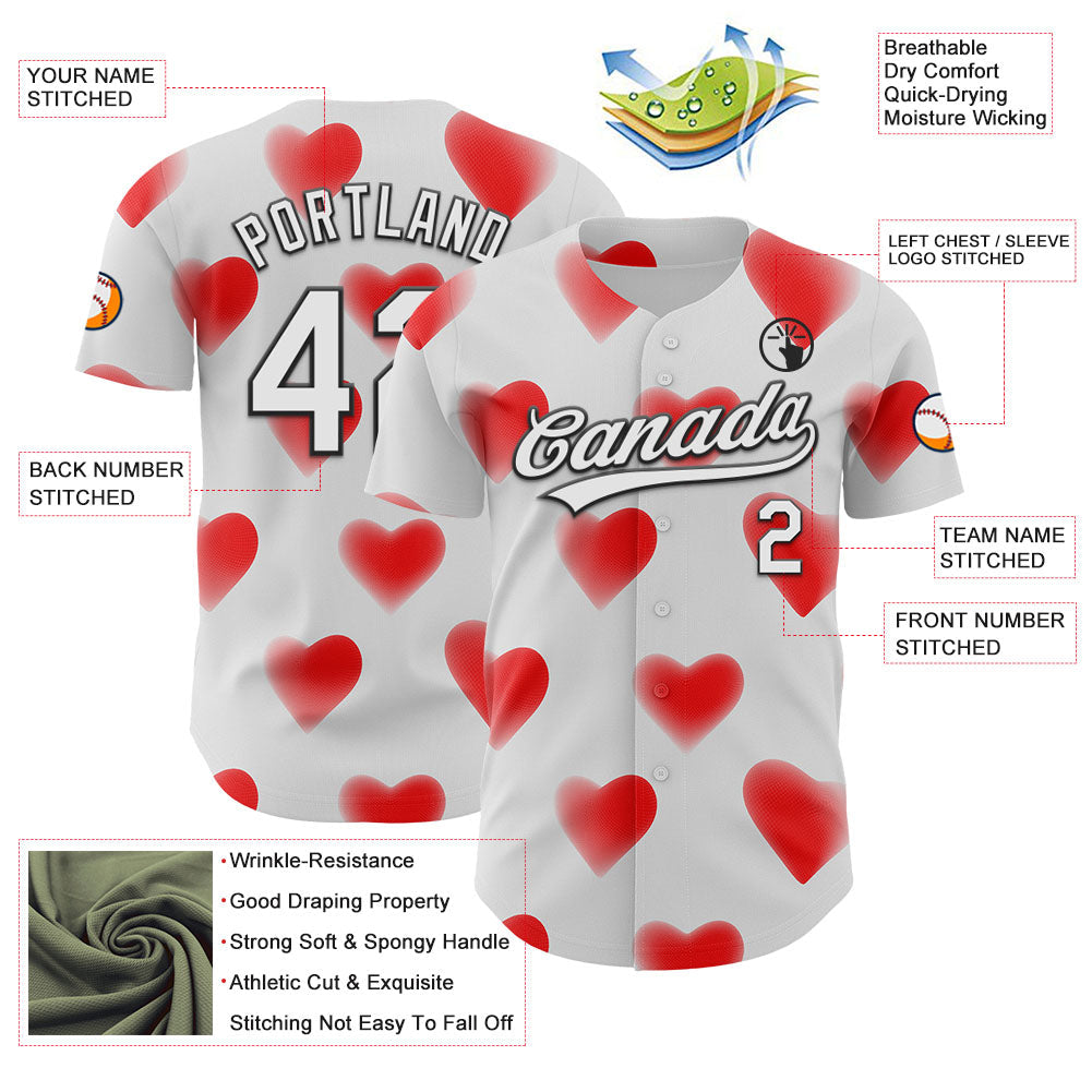 Custom White Black 3D Love Heart Valentine's Day Authentic Baseball Jersey - Sky-Custom