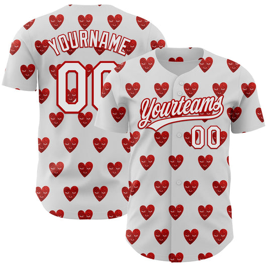 Custom White Red 3D Love Heart Valentine's Day Authentic Baseball Jersey - Sky-Custom