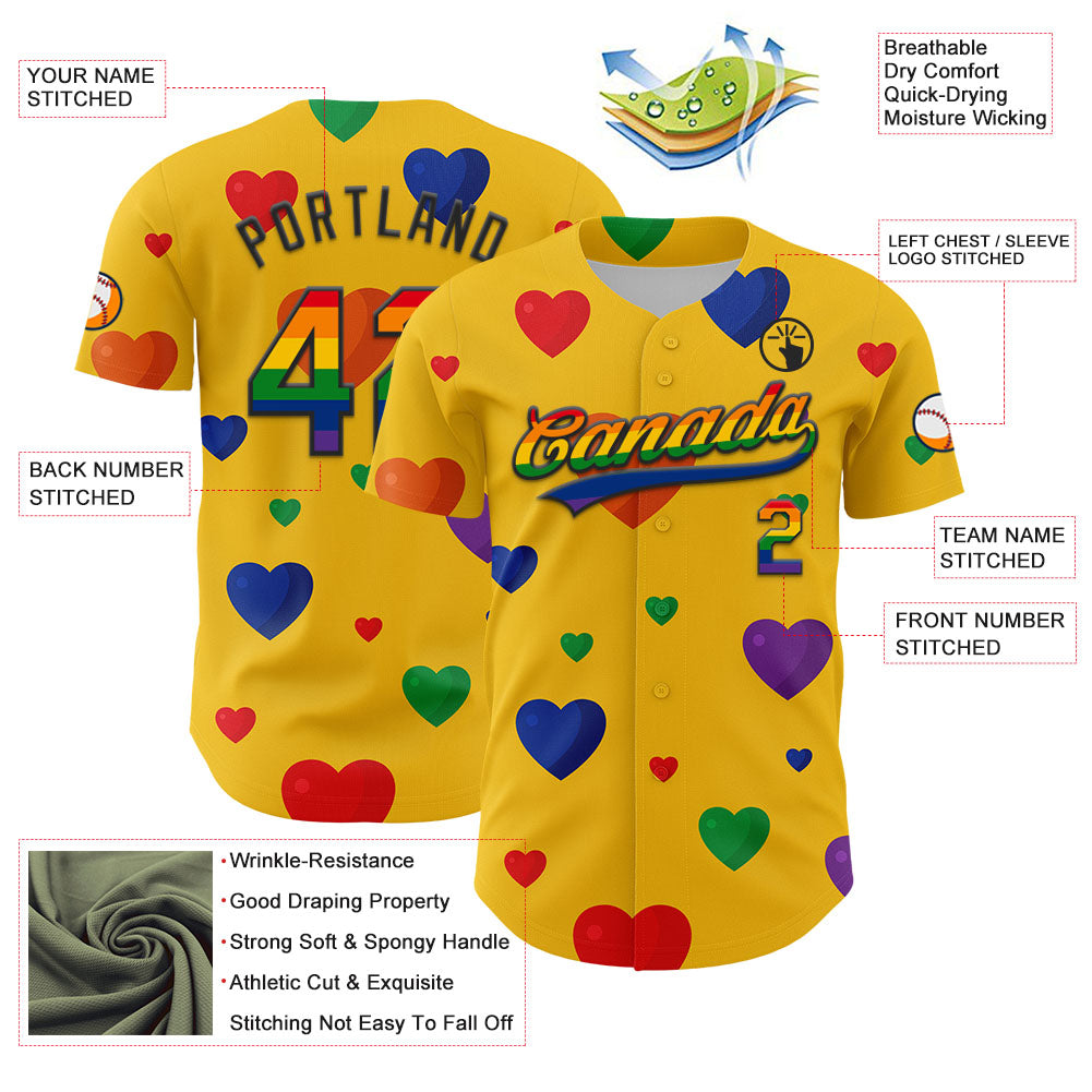 Custom Yellow Rainbow-Black 3D Love Heart Valentine's Day Authentic Baseball Jersey - Sky-Custom