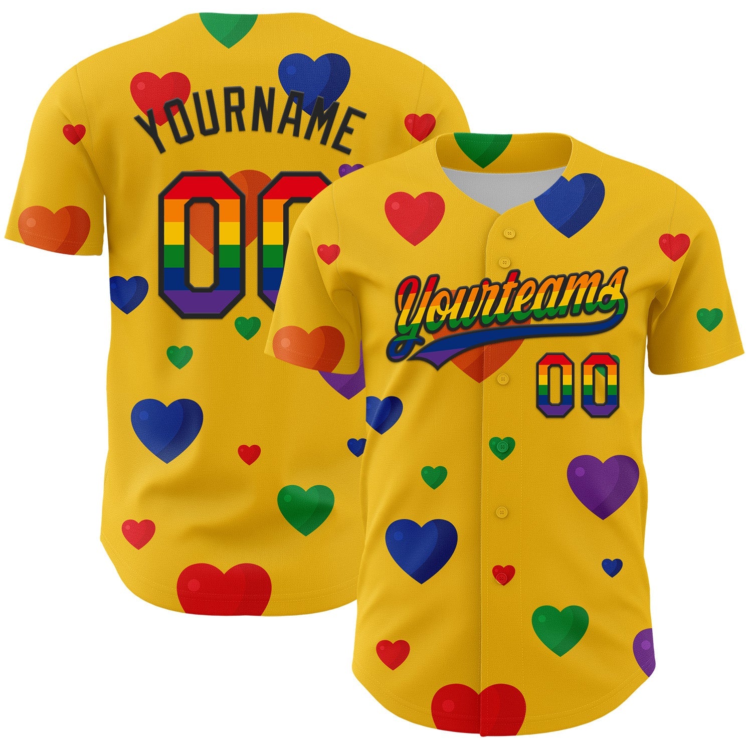 Custom Yellow Rainbow-Black 3D Love Heart Valentine's Day Authentic Baseball Jersey - Sky-Custom