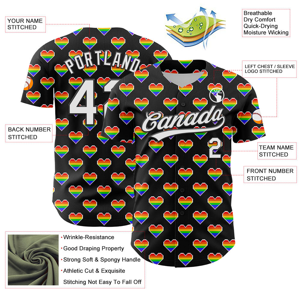 Custom Black White 3D Love Heart Valentine's Day Authentic Baseball Jersey - Sky-Custom