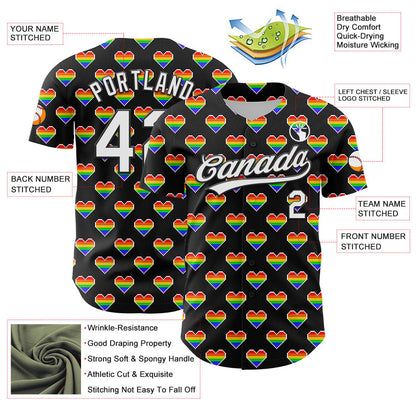 Custom Black White 3D Love Heart Valentine's Day Authentic Baseball Jersey - Sky-Custom