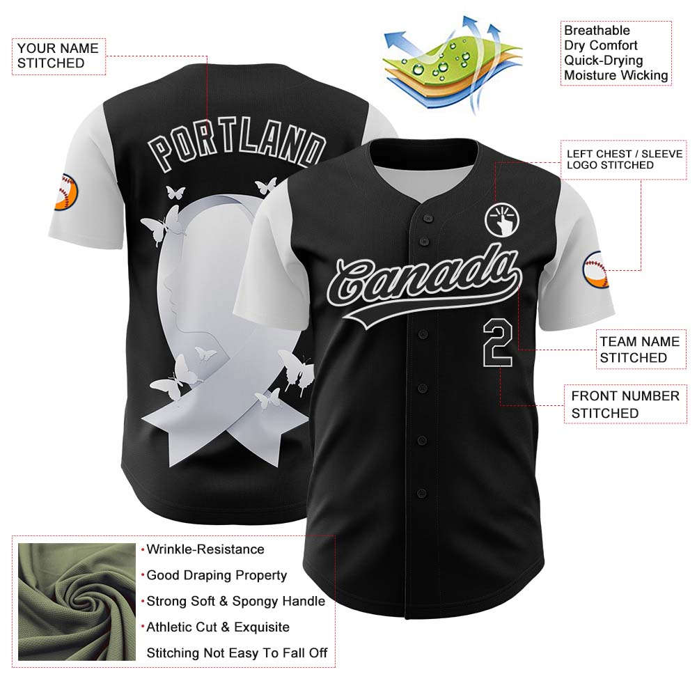 Custom Black White 3D Lung Cancer Ribbon Authentic Baseball Jersey - Sky-Custom