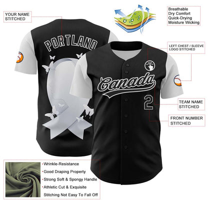 Custom Black White 3D Lung Cancer Ribbon Authentic Baseball Jersey - Sky-Custom