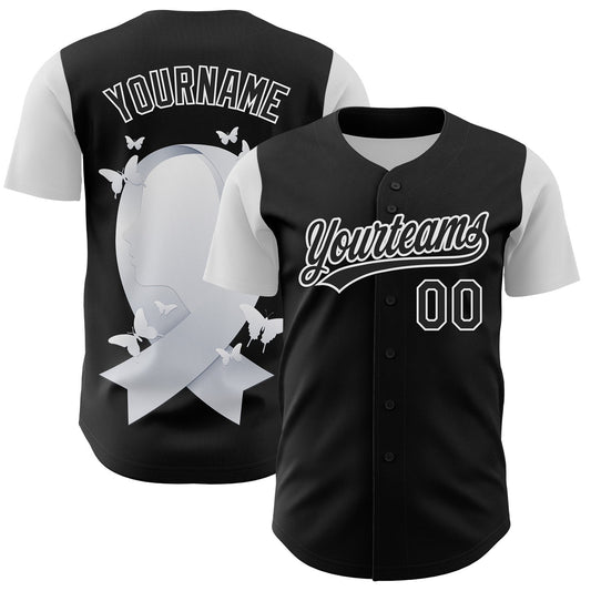 Custom Black White 3D Lung Cancer Ribbon Authentic Baseball Jersey - Sky-Custom