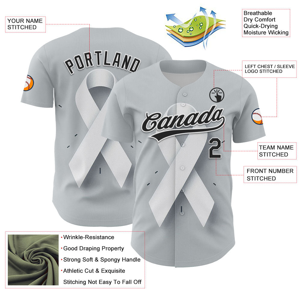 Custom Gray Black White 3D Lung Cancer Ribbon Authentic Baseball Jersey - Sky-Custom