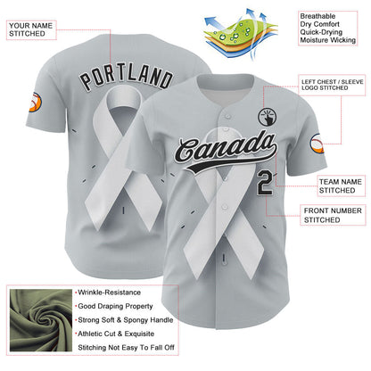 Custom Gray Black White 3D Lung Cancer Ribbon Authentic Baseball Jersey - Sky-Custom