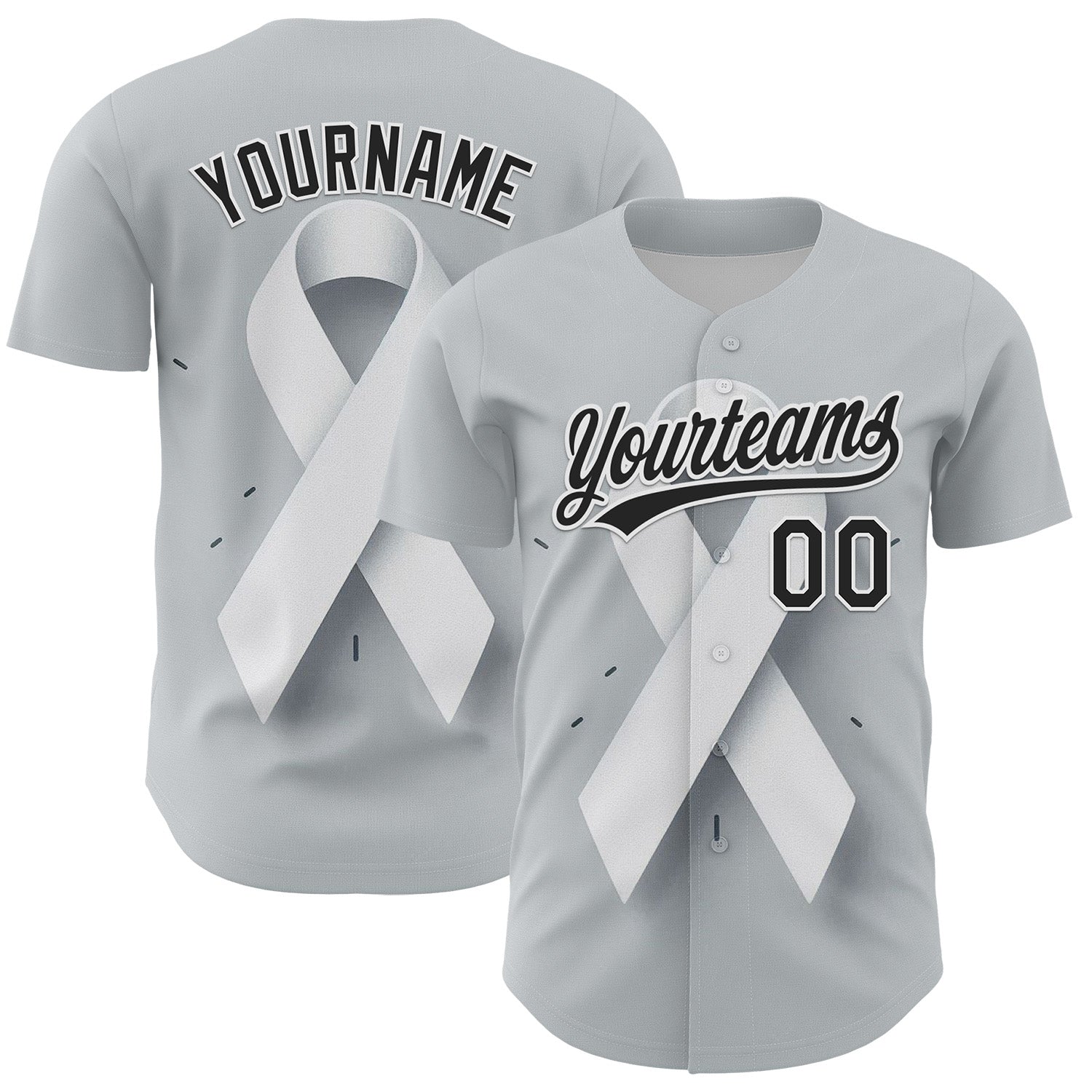 Custom Gray Black White 3D Lung Cancer Ribbon Authentic Baseball Jersey - Sky-Custom