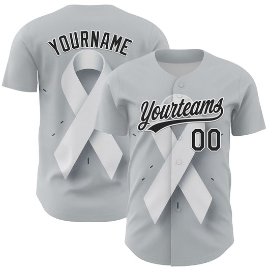 Custom Gray Black White 3D Lung Cancer Ribbon Authentic Baseball Jersey - Sky-Custom
