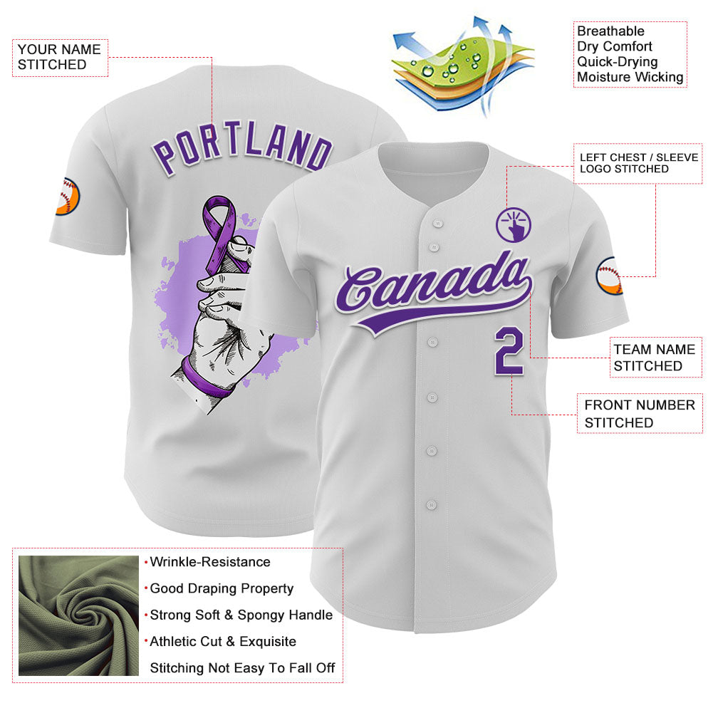Custom White Purple 3D Pancreatic Cancer Ribbon Authentic Baseball Jersey - Sky-Custom