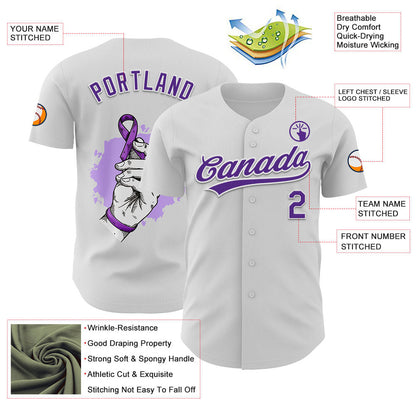 Custom White Purple 3D Pancreatic Cancer Ribbon Authentic Baseball Jersey - Sky-Custom