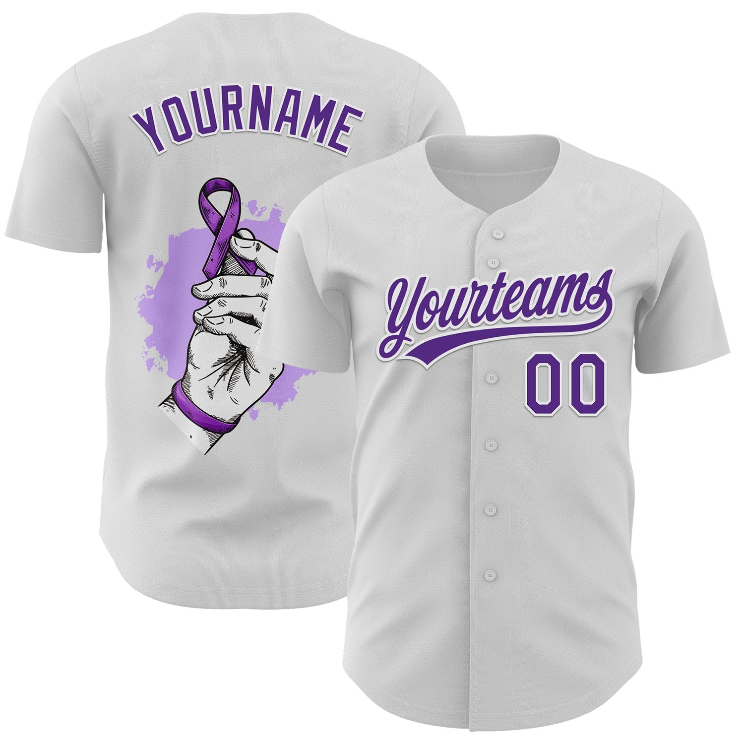 Custom White Purple 3D Pancreatic Cancer Ribbon Authentic Baseball Jersey - Sky-Custom