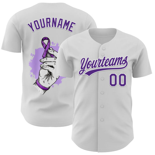 Custom White Purple 3D Pancreatic Cancer Ribbon Authentic Baseball Jersey - Sky-Custom
