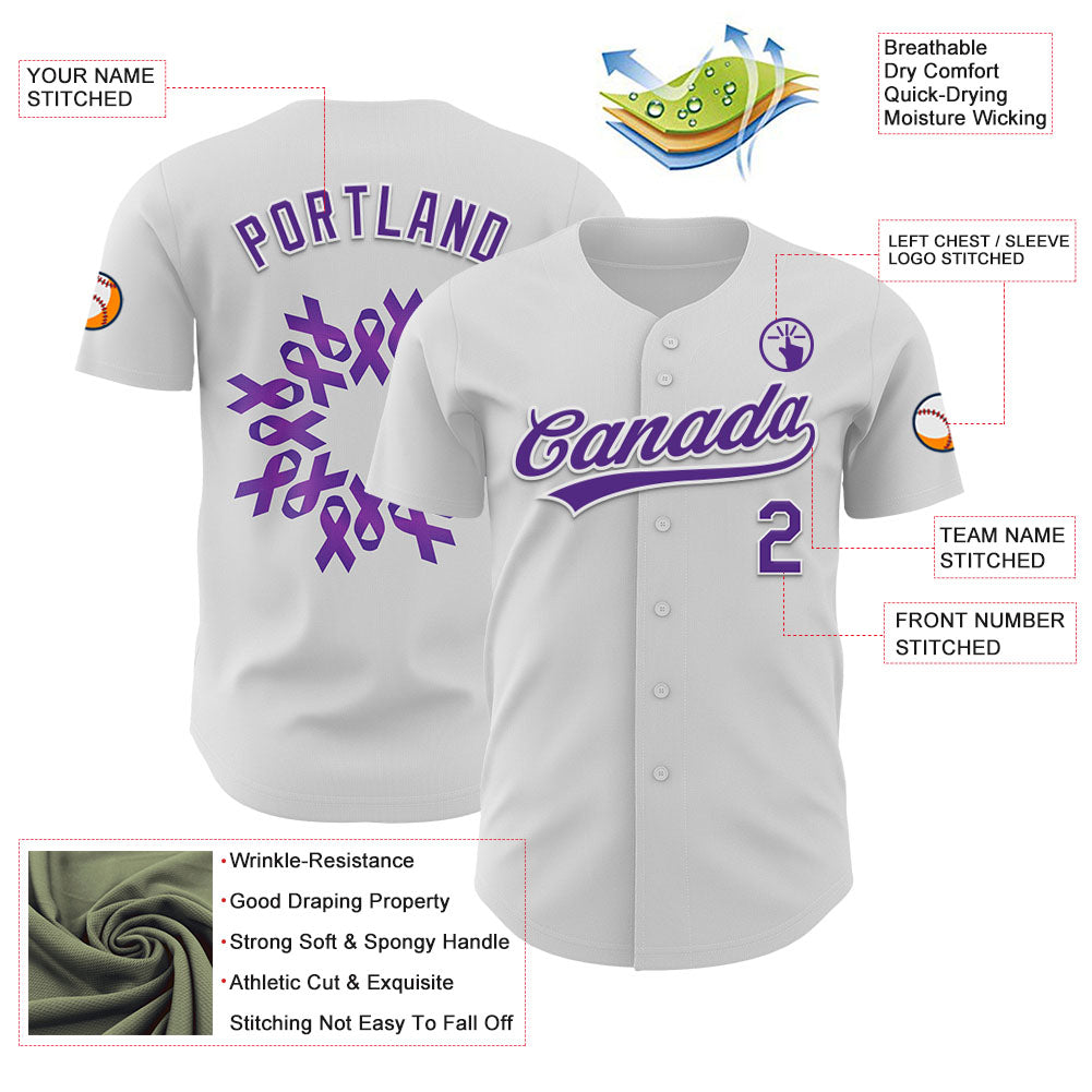 Custom White Purple 3D Pancreatic Cancer Ribbon Authentic Baseball Jersey - Sky-Custom
