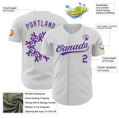 Custom White Purple 3D Pancreatic Cancer Ribbon Authentic Baseball Jersey - Sky-Custom
