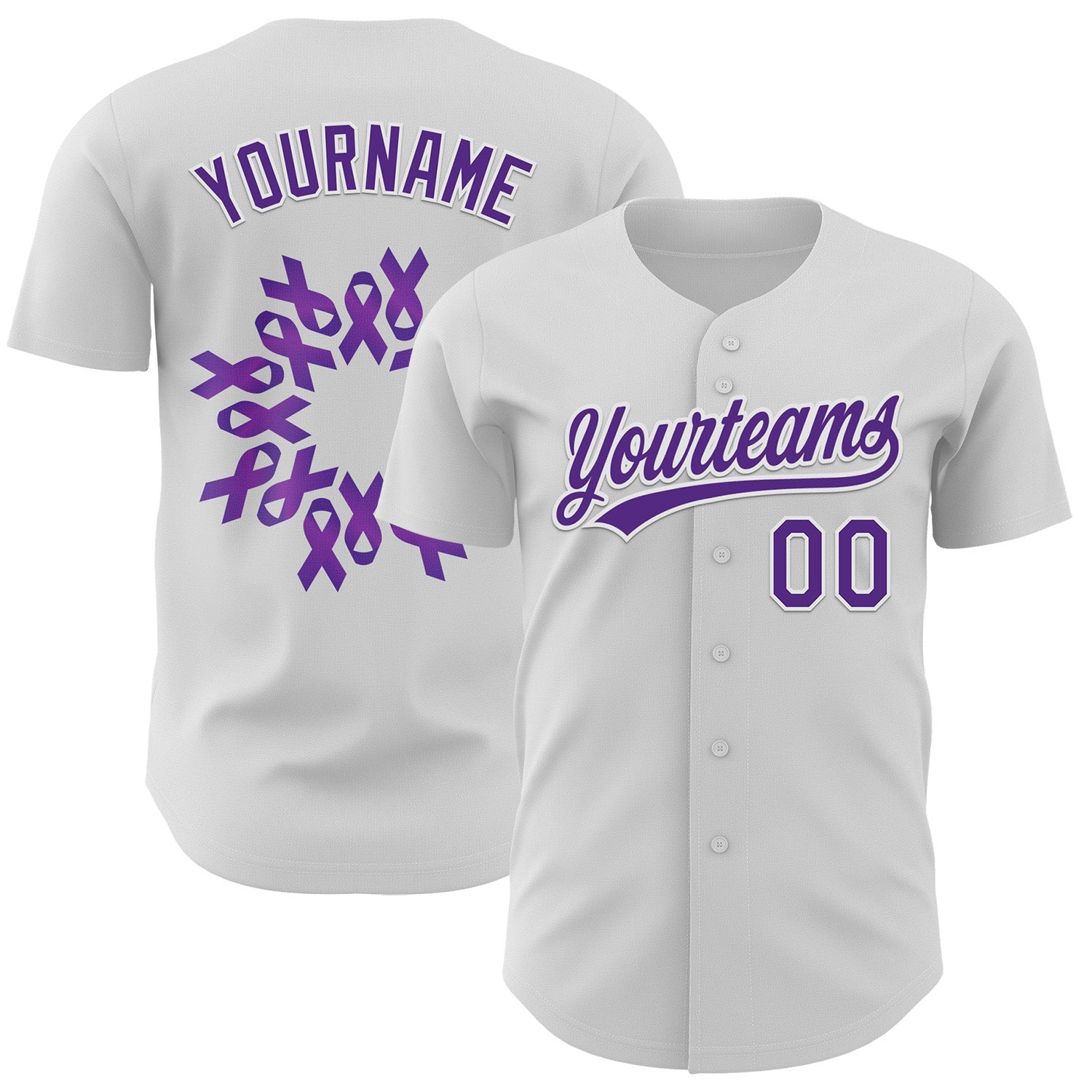 Custom White Purple 3D Pancreatic Cancer Ribbon Authentic Baseball Jersey - Sky-Custom