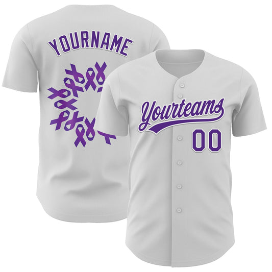 Custom White Purple 3D Pancreatic Cancer Ribbon Authentic Baseball Jersey - Sky-Custom