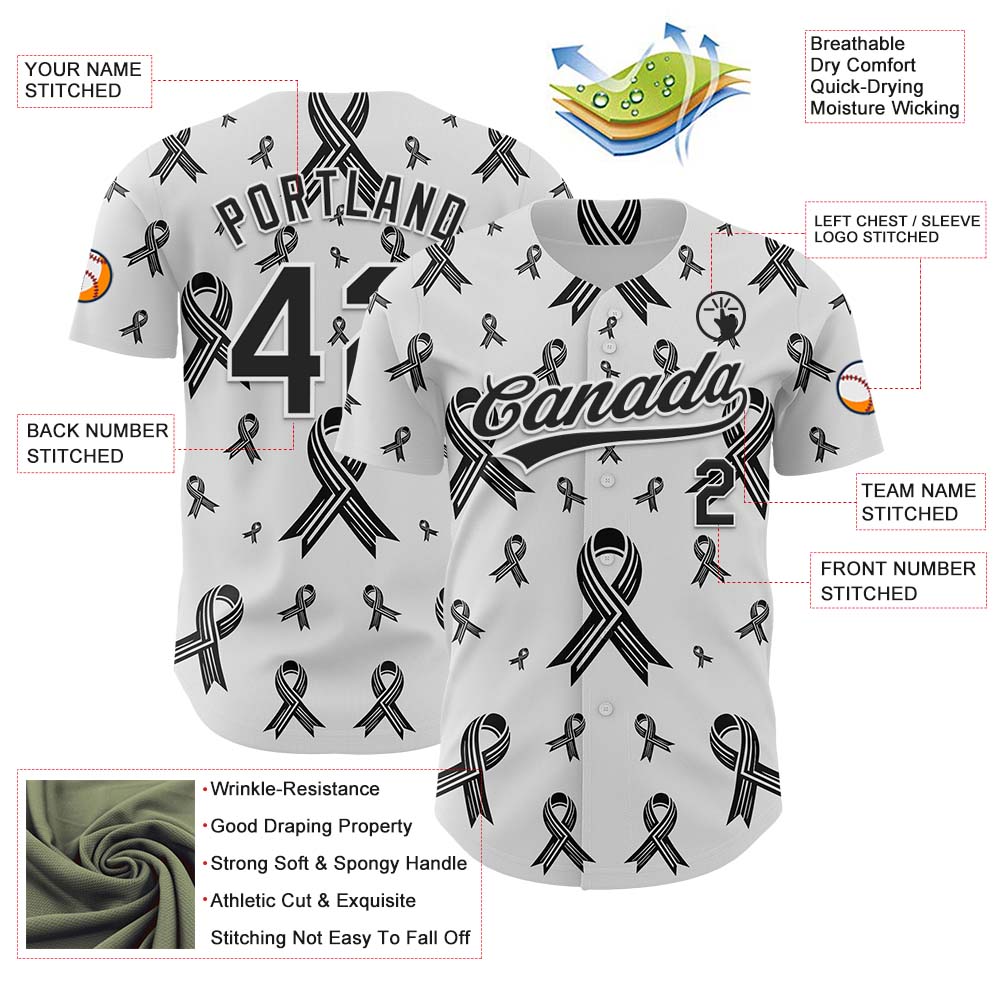 Custom White Black 3D Skin Cancer Ribbon Authentic Baseball Jersey - Sky-Custom