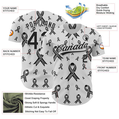 Custom White Black 3D Skin Cancer Ribbon Authentic Baseball Jersey - Sky-Custom